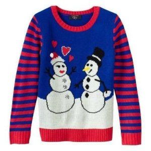 Girls Snowman Sweater 10/12 Blue Red White Long Sleeve Crew Sequined Acrylic